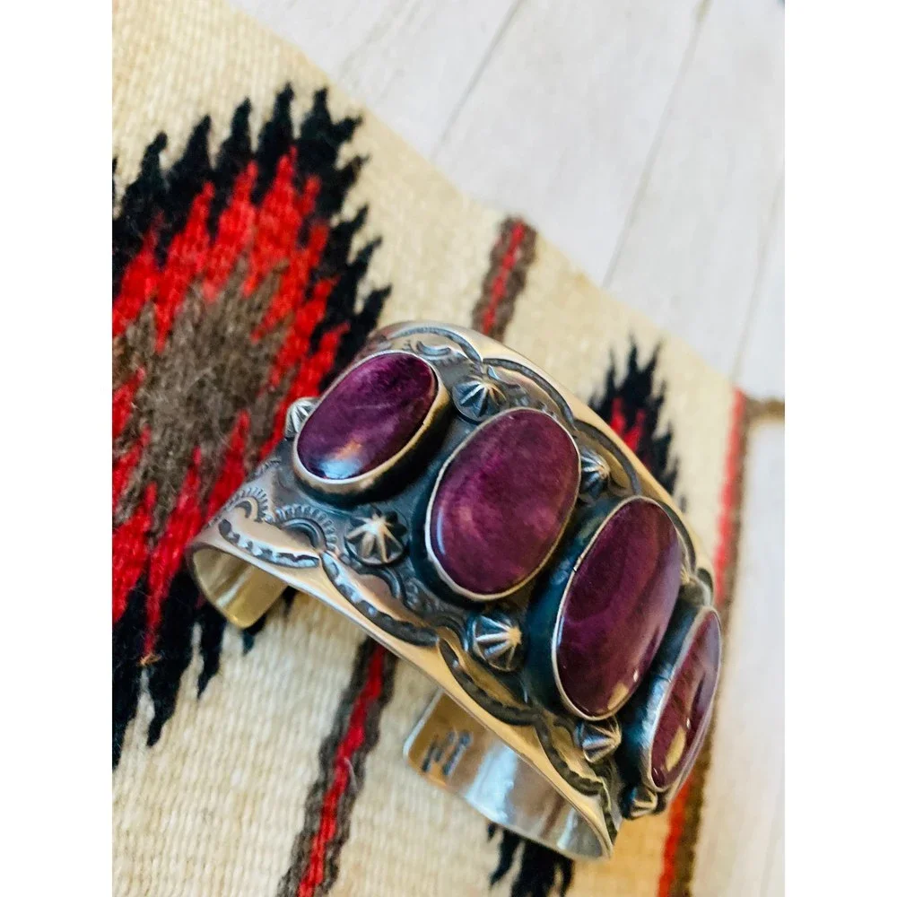 Stunning Navajo Sterling Silver & Purple Spiny Cuff Bracelet Signed - Picture 3 of 8